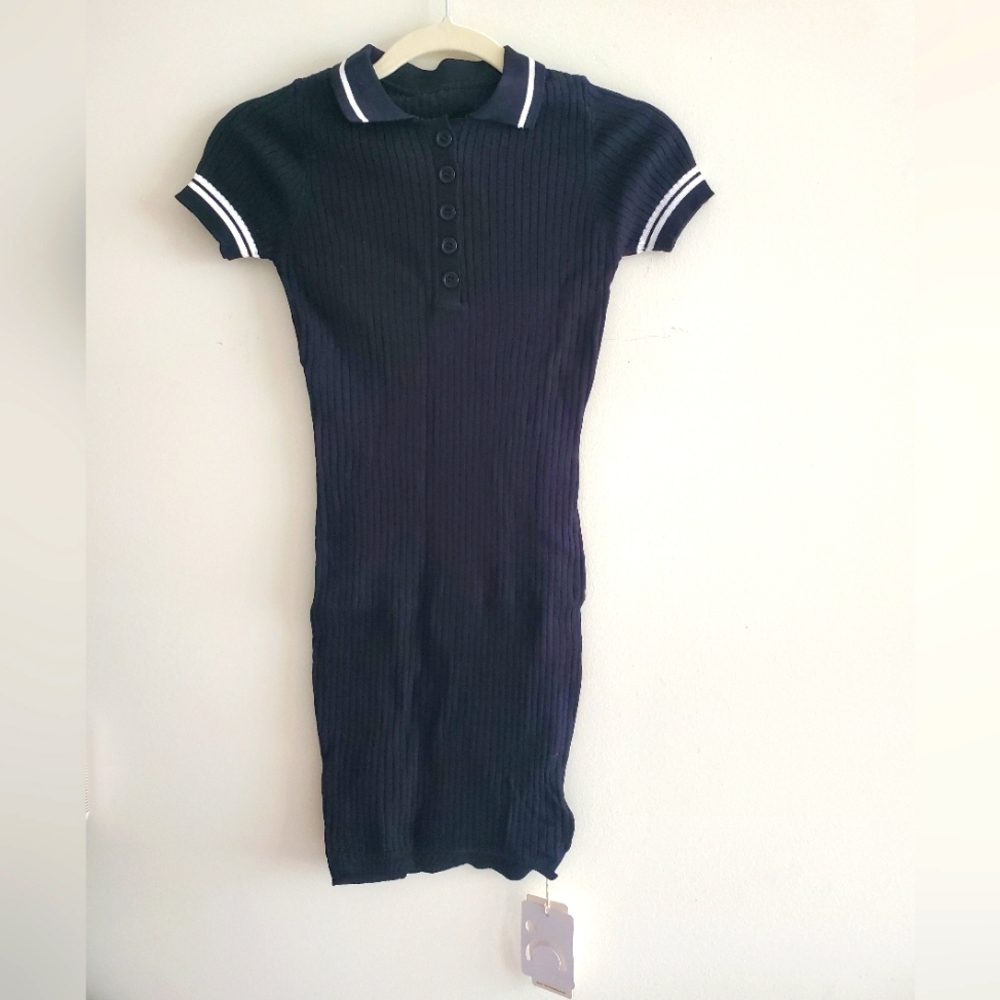 Classic Black Knit Polo Dress Commense